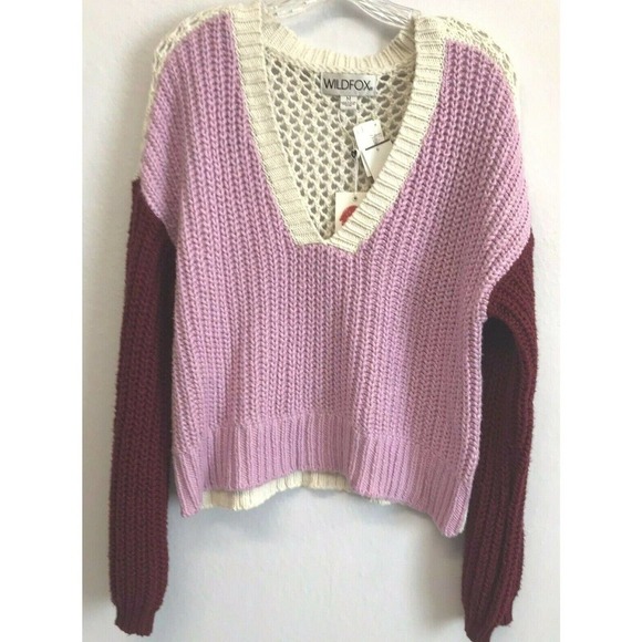 Wildfox Color Me Beverly Sweater Size M Women's Wildberry Wine Colorblock NEW - Picture 2 of 7